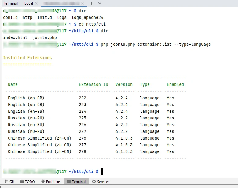 Результат выполнения CLI команды cli/joomla.php extension:list --type=language