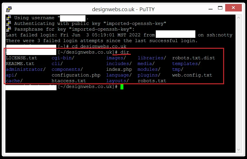 Файловая структура Joomla 4 в CLI интерфейсе PuTTY
