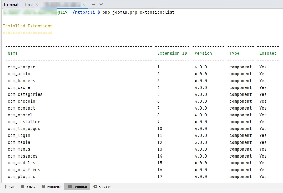 Результат выполнения CLI команды cli/joomla.php extension:list