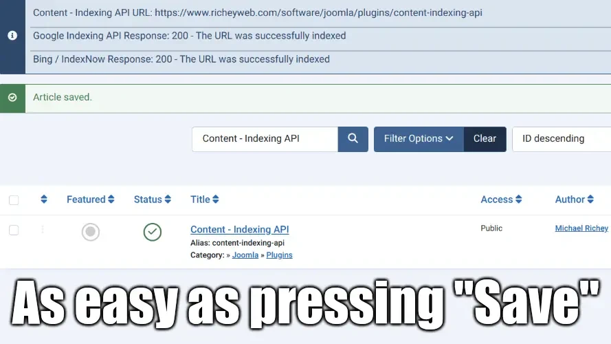 Content - Indexing API - плагин IndexNow для Joomla 5