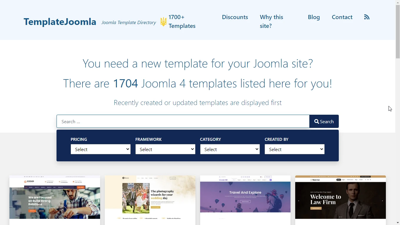 Скриншот сайта каталога templatejoomla com с шаблонами для Joomla