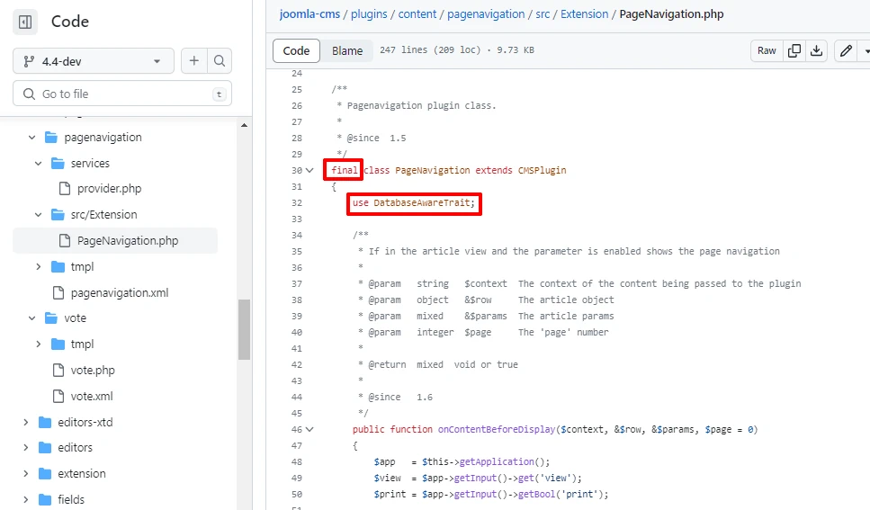 Скриншот кода Joomla со страницы гитхаба