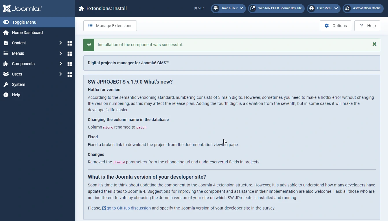 sw jprojects post install screen for joomla 
