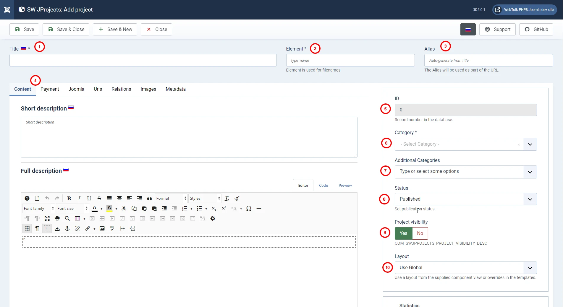 Screenshot of the project creation page settings in the SW JProjects component for joomla 
