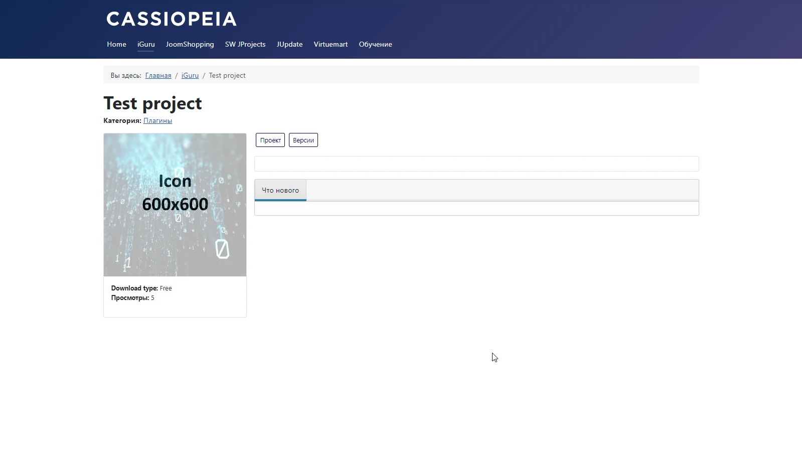 Screenshot of the SW JProjects project on the Cassiopeia Joomla 5 template