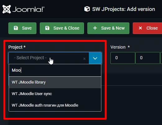 Selecting a project for the Joomla version of the extension in the SW JProjects component