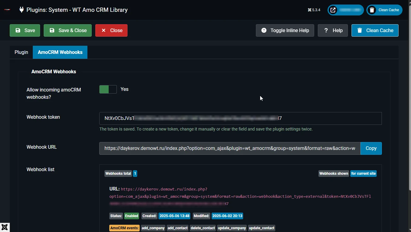Configuring amoCRM webhooks for Joomla
