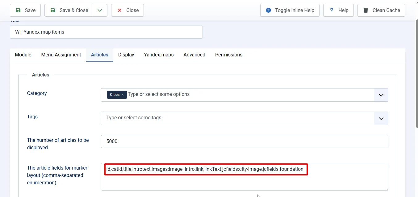 List of properties of the Joomla material to display in the layout of the Yandex.Maps marker
