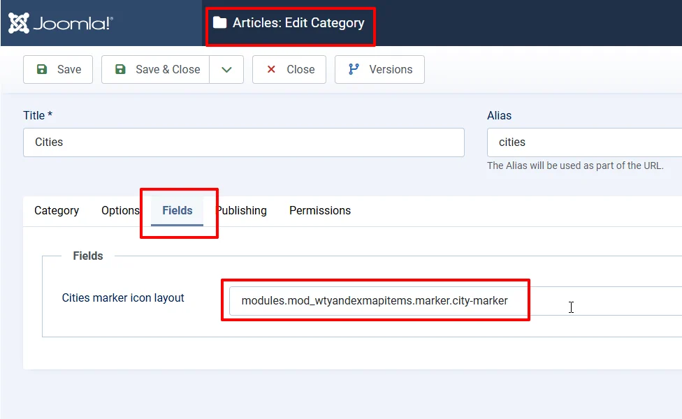 Filling in the path to the Joomla layout in a custom text field.